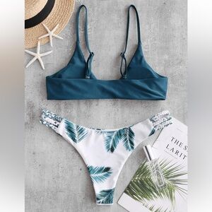 Zaful white leaf & Emerald Green Bikini Set Small/Large NWOT buttery soft fabric